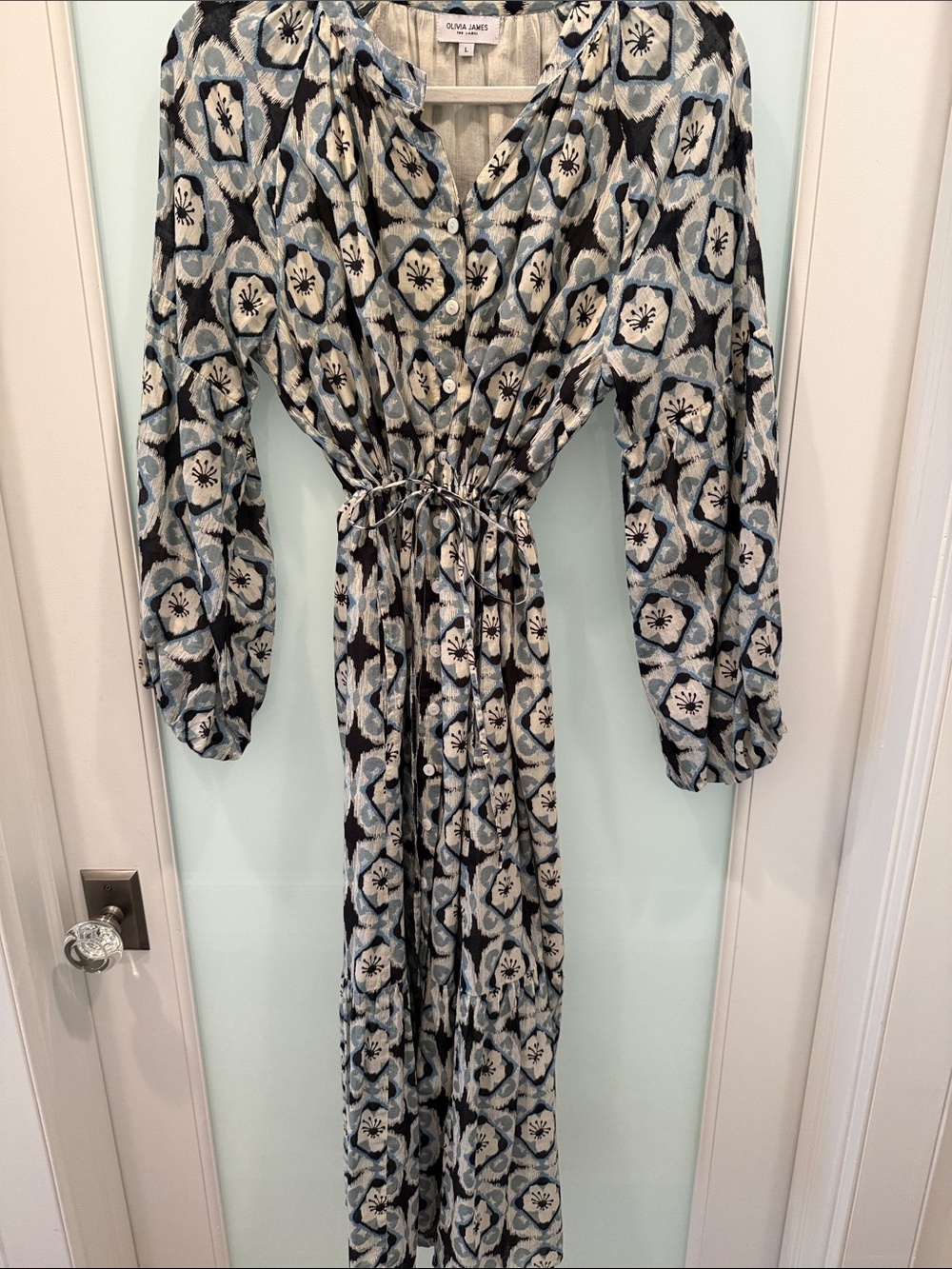 Olivia James Blue Floral-Patterned Midi Dress with Drawstring Waist